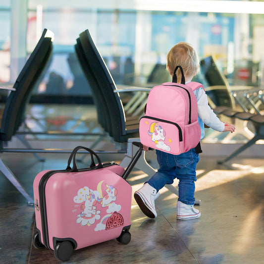 2PC Kids Ride-on Luggage Set 18" Travel Trolley + 12" Backpack, Pink