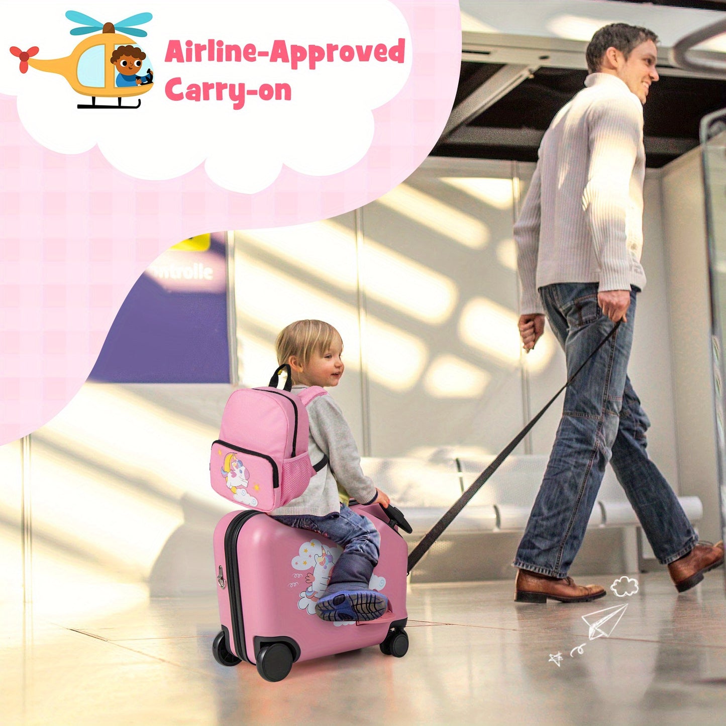 2PC Kids Ride-on Luggage Set 18" Travel Trolley + 12" Backpack, Pink