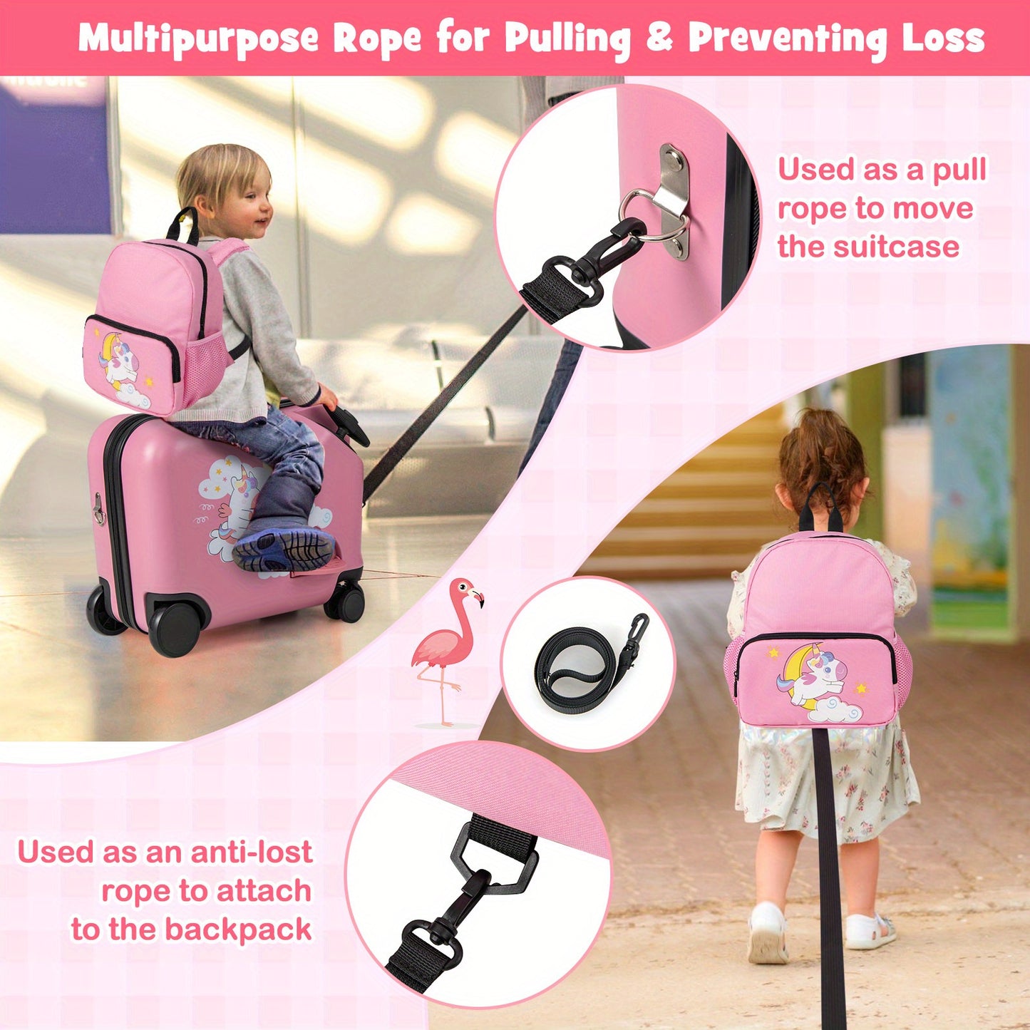 2PC Kids Ride-on Luggage Set 18" Travel Trolley + 12" Backpack, Pink