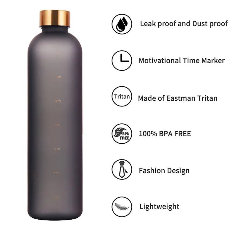 1L Bottle With Time Marker - 32 OZ Motivational Reusable Fitness Water Bottle