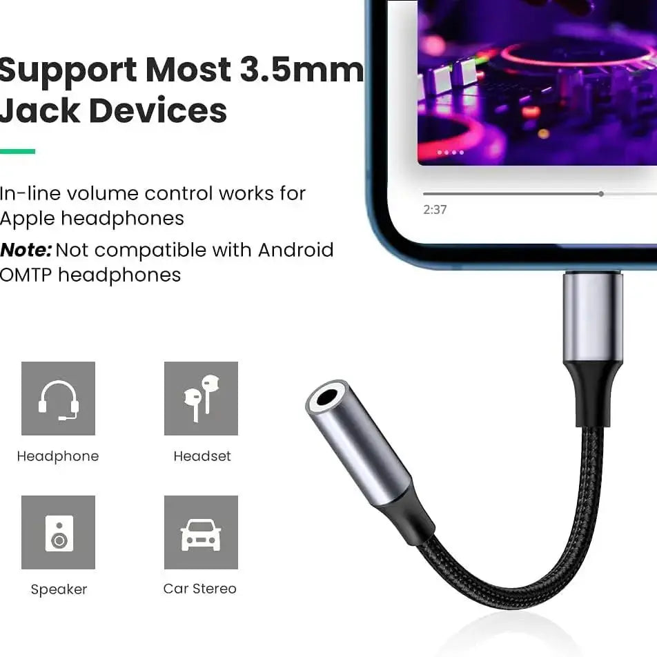 Audio Adapter Jack AUX Cable Adapter L to 3.5mm for iPhone