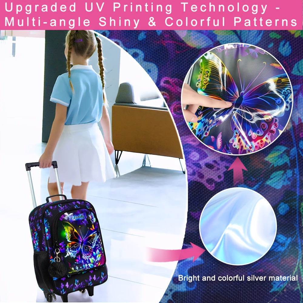 Kids Fancy Butterfly Print Backpack With Sliding Wheel